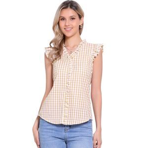 Ruffle Shirt 50s V Neck Cap Sleeve Plaid Gingham Blouse Light Khaki